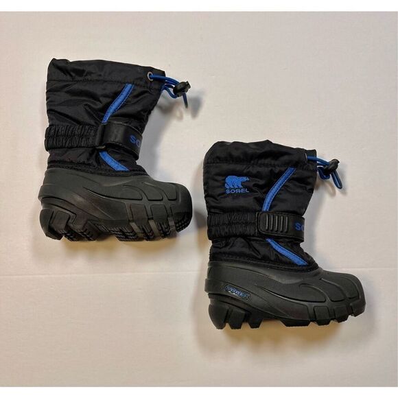 Sorel Flurry Youth Boot Black Blue Velcro Boys US Size 6 Waterproof Warm Comfort - Picture 2 of 7